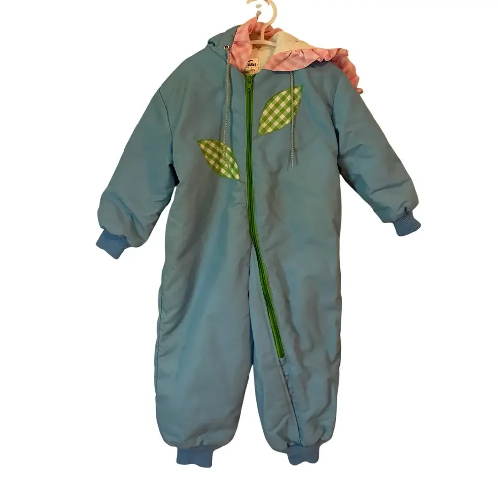 Weather Tamer Snowsuit Girls 24M Vintage Blue Pink Gingham Ruffle Made In USA